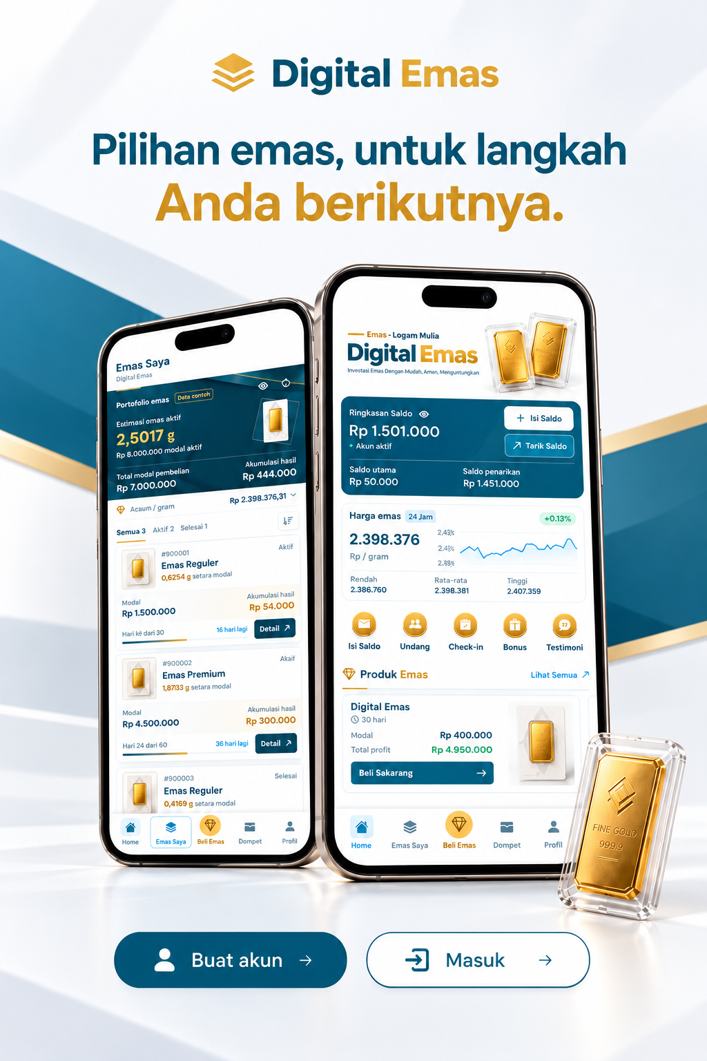 Digital Emas — Pilihan emas, untuk langkah Anda berikutnya. Tampilan aplikasi Digital Emas dengan tombol Buat akun dan Masuk.